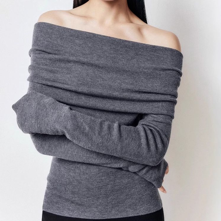 大人かわいい服 オフショルダーリブニットプルオーバー