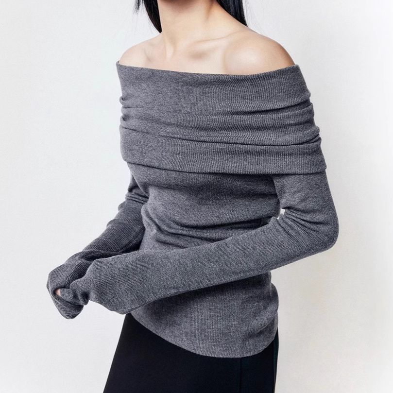 大人かわいい服 オフショルダーリブニットプルオーバー