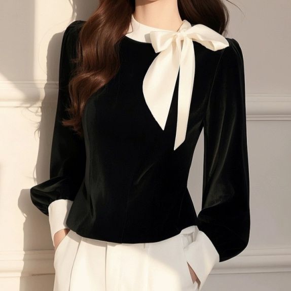 大人かわいい服 ベロアリボン襟付き長袖ブラウス