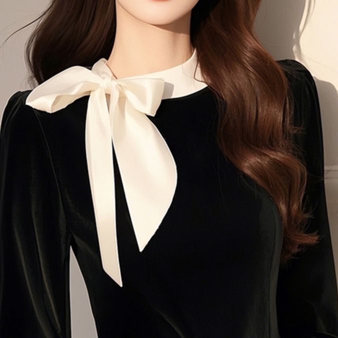 大人かわいい服 ベロアリボン襟付き長袖ブラウス