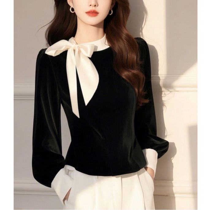 大人かわいい服 ベロアリボン襟付き長袖ブラウス