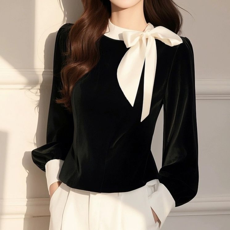 大人かわいい服 ベロアリボン襟付き長袖ブラウス