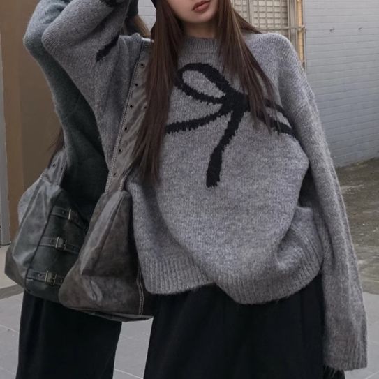 大人かわいい服 リボンデザインモヘア混ゆったりニットセーター