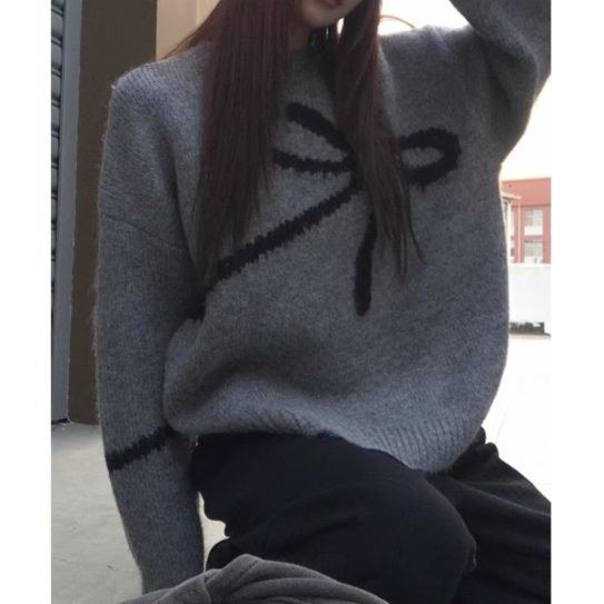 大人かわいい服 リボンデザインモヘア混ゆったりニットセーター