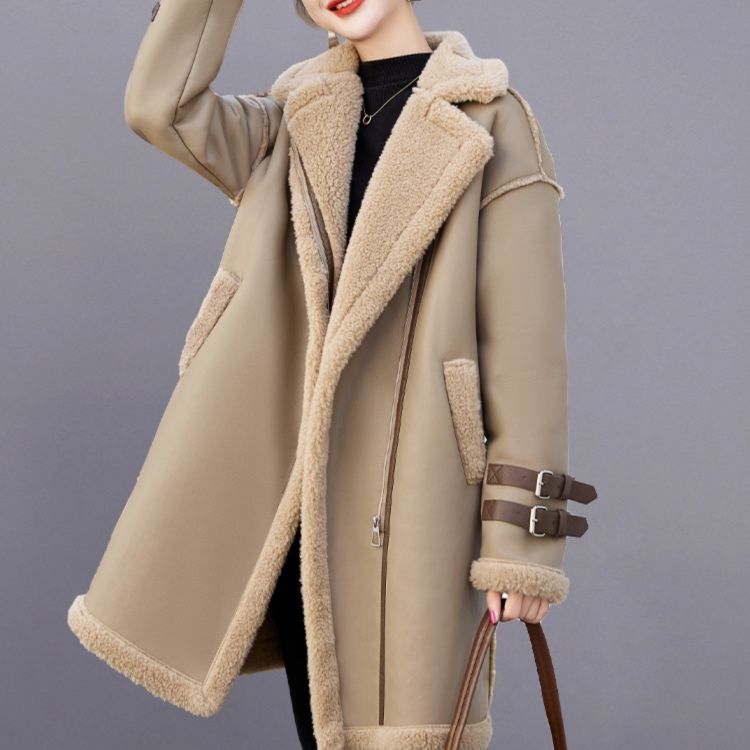 大人かわいい服 もこもこボア襟ベルト付きムートン調ロングコート