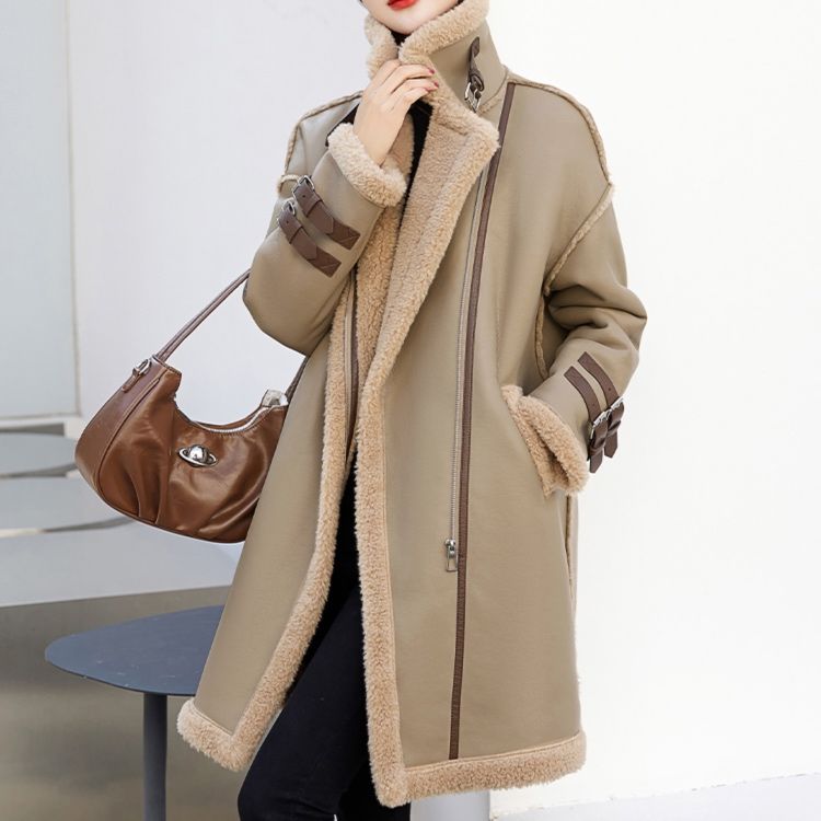 大人かわいい服 もこもこボア襟ベルト付きムートン調ロングコート