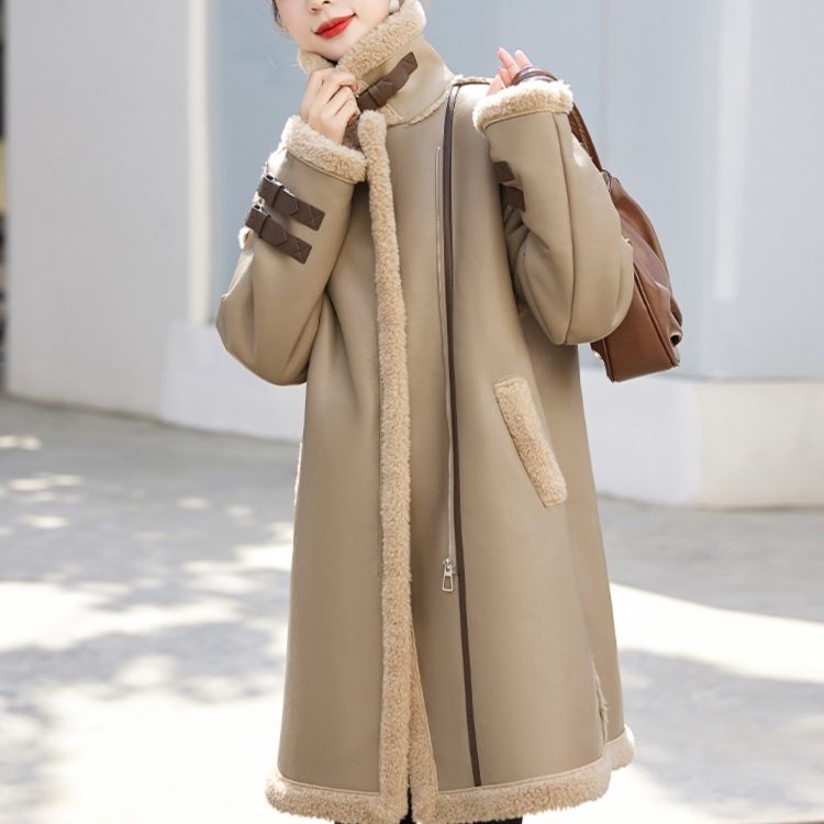 大人かわいい服 もこもこボア襟ベルト付きムートン調ロングコート