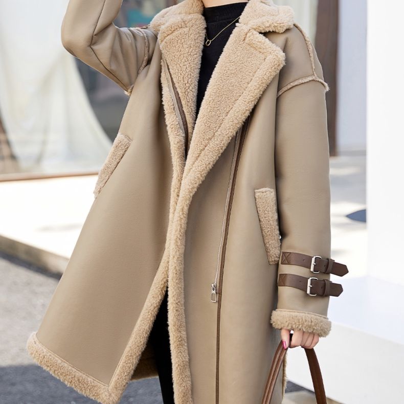 大人かわいい服 もこもこボア襟ベルト付きムートン調ロングコート