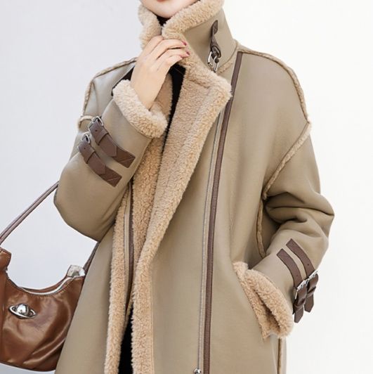 大人かわいい服 もこもこボア襟ベルト付きムートン調ロングコート