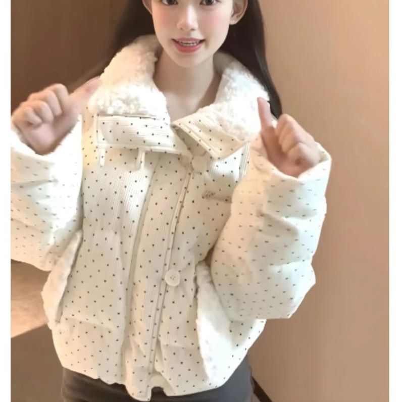 大人かわいい服 ドット柄ボアカラー中綿入りショートジャケット