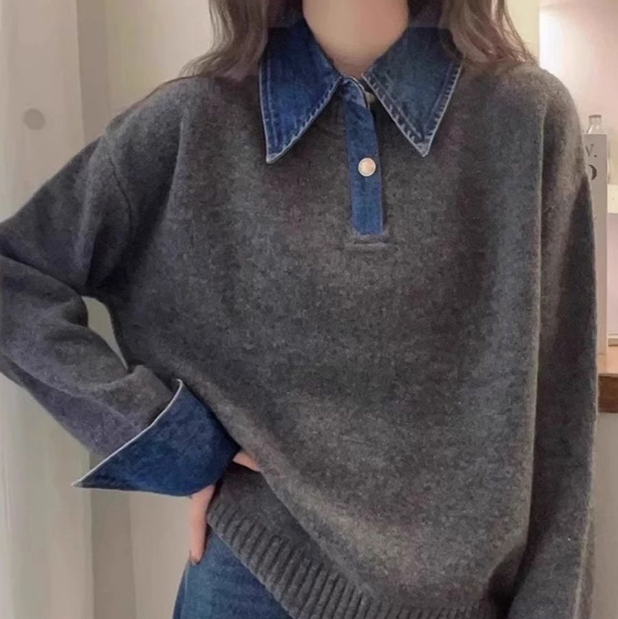 大人かわいい服 デニム切り替えレイヤード風ニットポロ