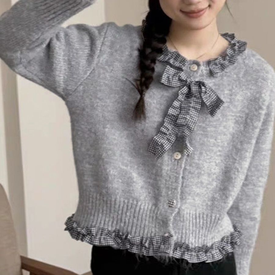大人かわいい服 格子柄リボン付きフリルニットカーディガン トップス