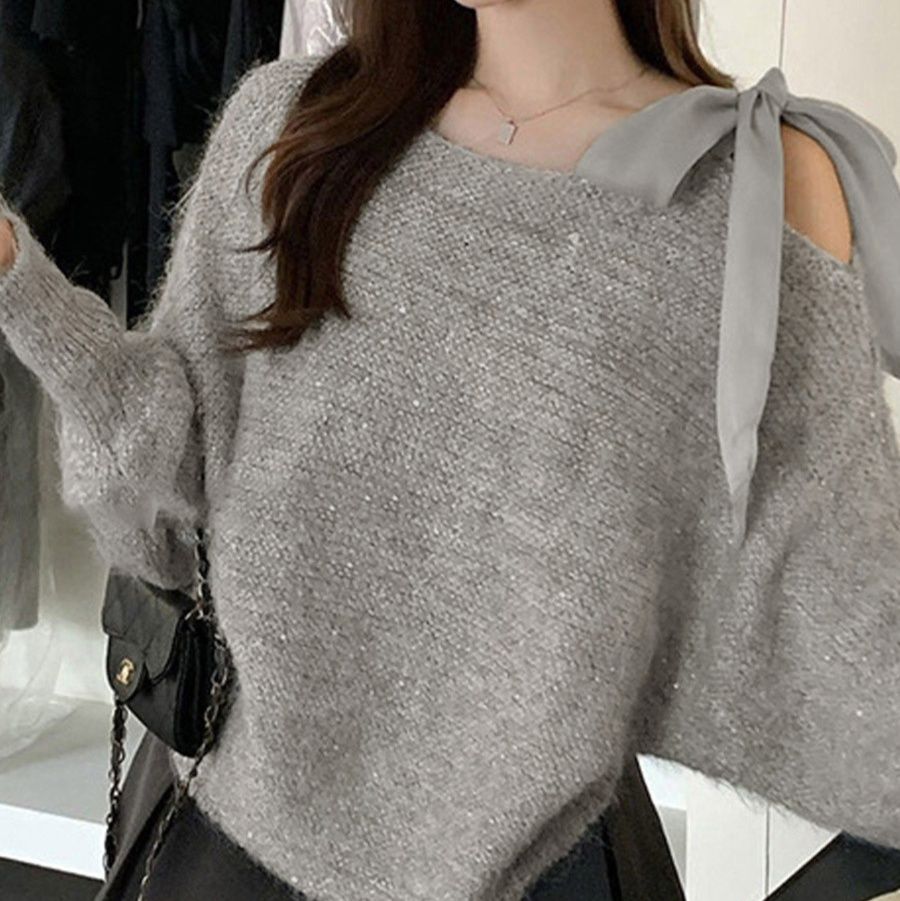 大人かわいい服 ラメシャギー肩リボンオフショルダーニット トップス