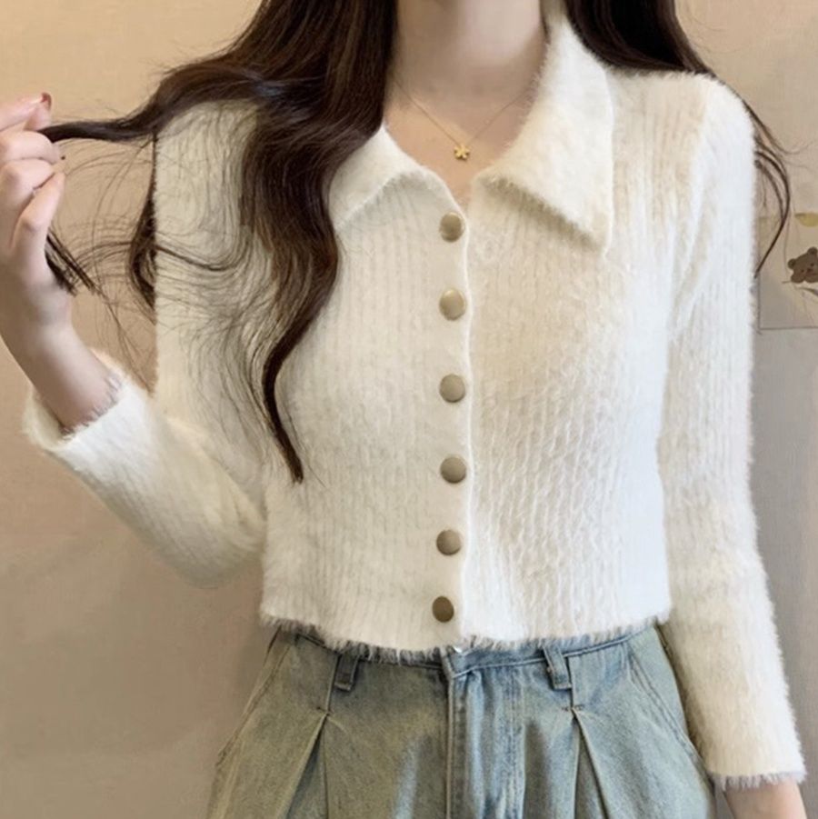 大人かわいい服 ふわもこシャギー襟付きカーディガン トップス