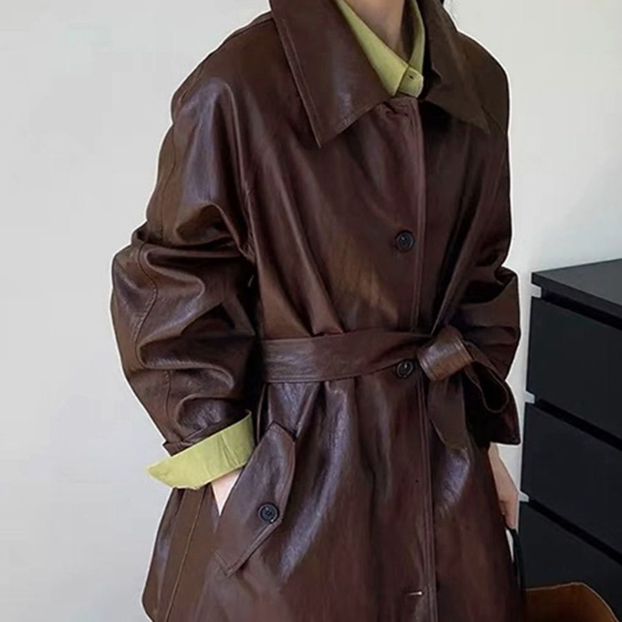 大人かわいい服 合皮ロングトレンチジャケット アウター