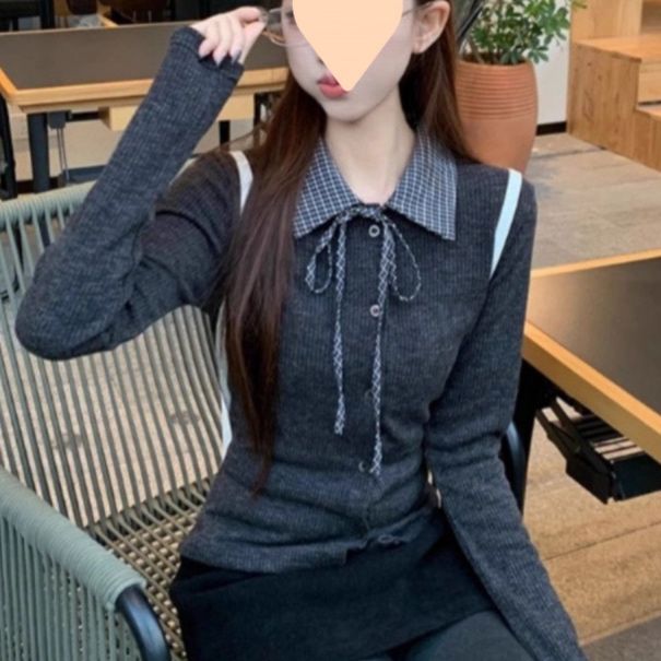 大人かわいい服 チェック柄襟付きリボン結び長袖ニットトップス