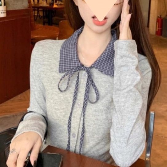大人かわいい服 チェック柄襟付きリボン結び長袖ニットトップス