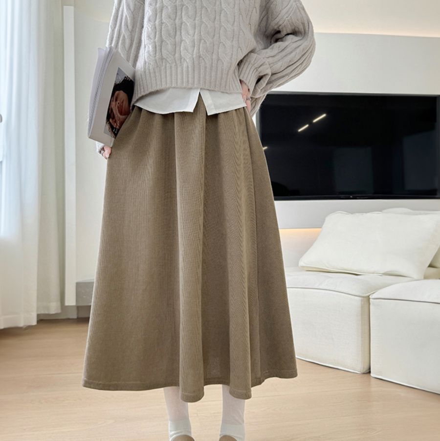 大人かわいい服 ハイウエストフレアロングスカート 体型カバー