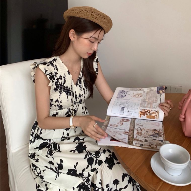 大人かわいい服 花柄フレンチスリーブロング丈ワンピース