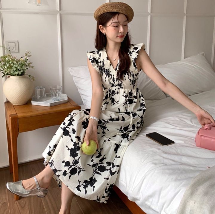 大人かわいい服 花柄フレンチスリーブロング丈ワンピース