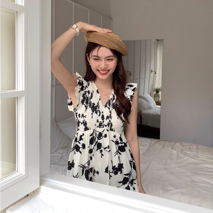 大人かわいい服 花柄フレンチスリーブロング丈ワンピース