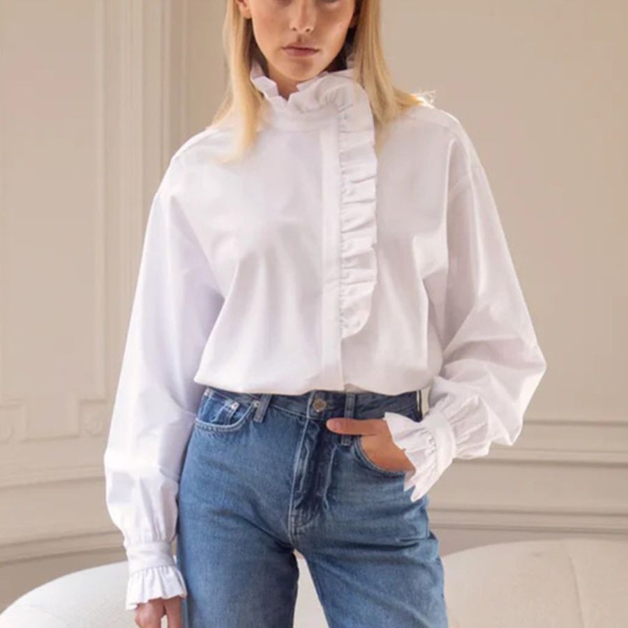 大人かわいい服 シンプルフリルハイネック長袖ブラウス
