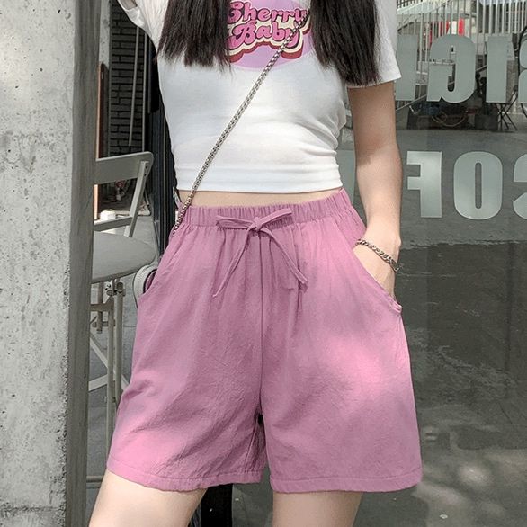 大人かわいい服 リボン付きリラックスワイドショートパンツ