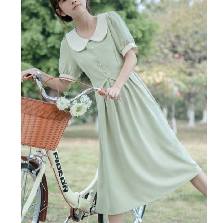 大人かわいい服 丸襟パフスリーブ配色切替ミディ丈ワンピース