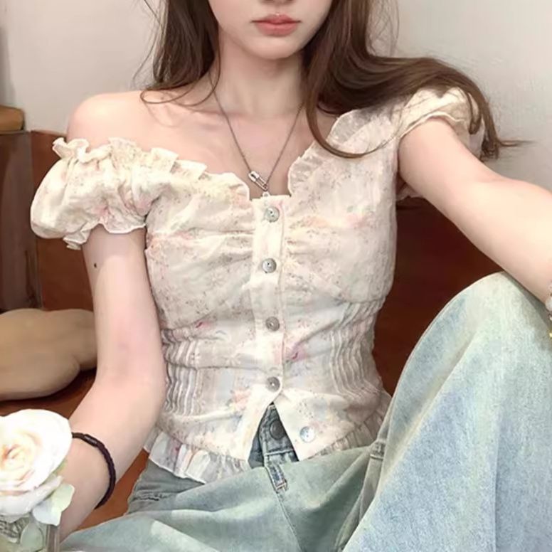 大人かわいい服 花柄オフショルダーフリルブラウス