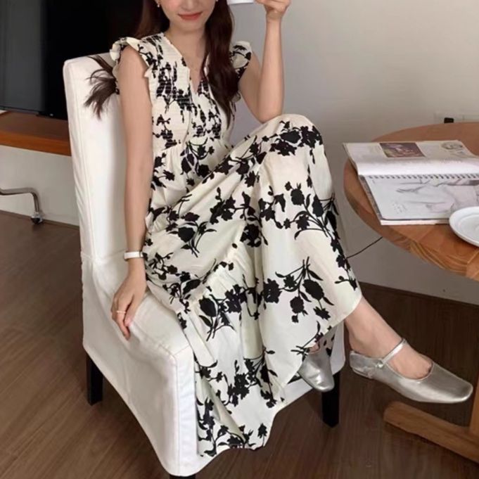 大人かわいい服 花柄フレンチスリーブロング丈ワンピース