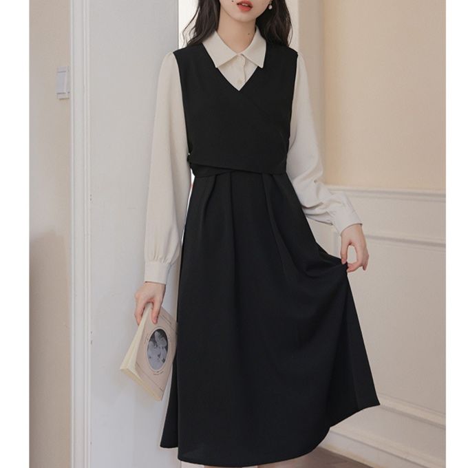 大人かわいい服 襟付きブラウス重ね着風ベルト付きワンピース