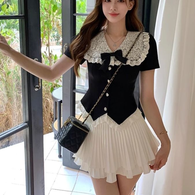 大人かわいい服 レース襟リボン付トップスプリーツスカートセット