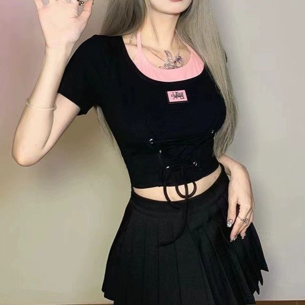 大人かわいい服 リブ編み編み上げデザインショート丈半袖トップス