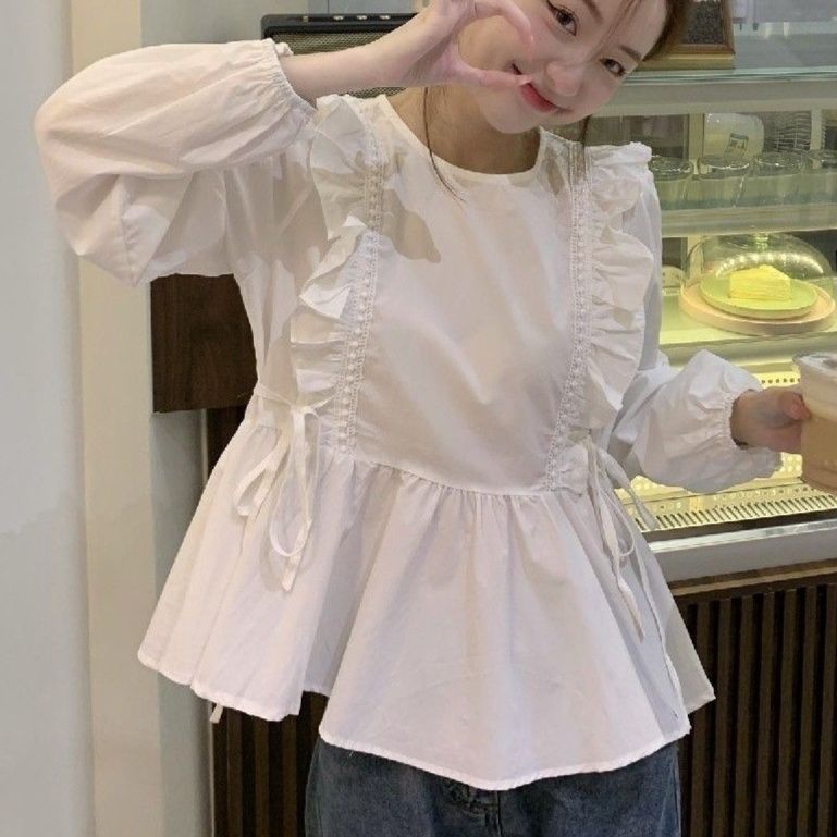 大人かわいい服 フリル切り替えリボン付きペプラムブラウス