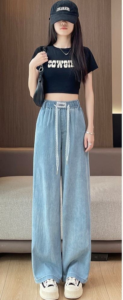 大人かわいい服 レース紐付き高ウエストワイドデニムパンツ