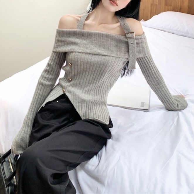 大人かわいい服 肩見せリブ編みニットトップス