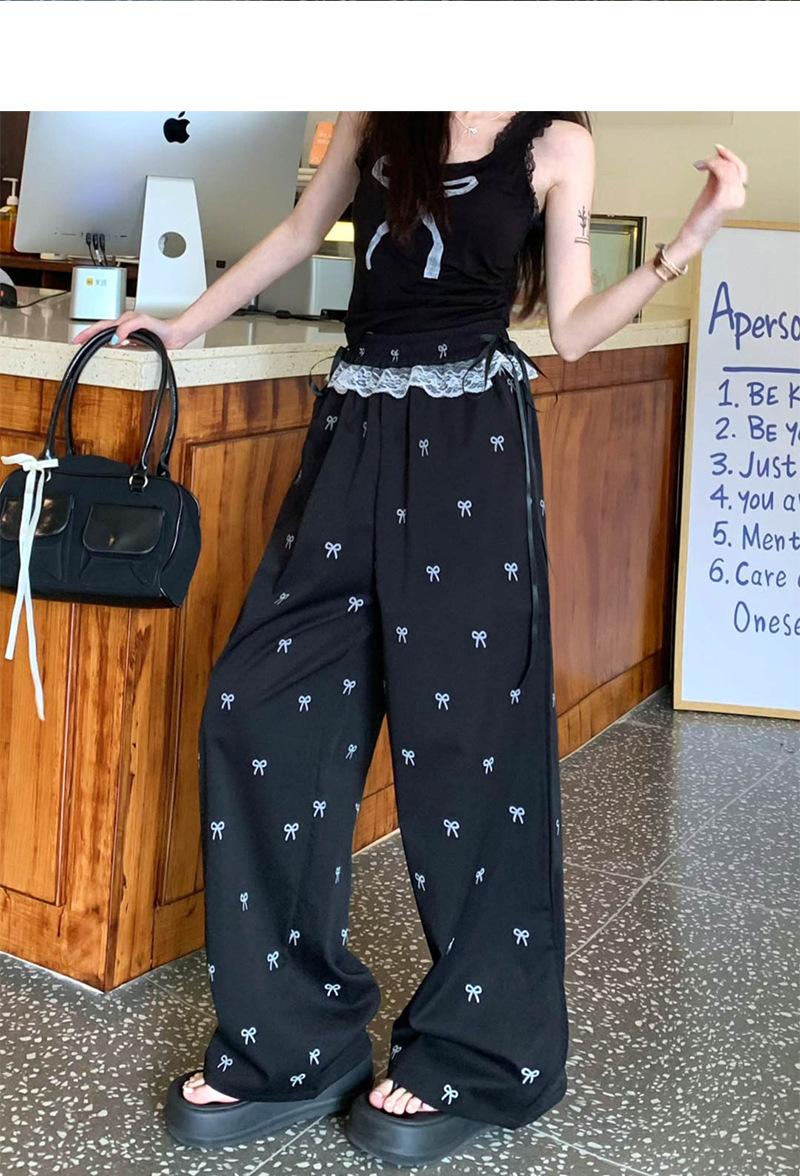 大人かわいい服 リボン刺繍レースフリル付きワイドパンツ