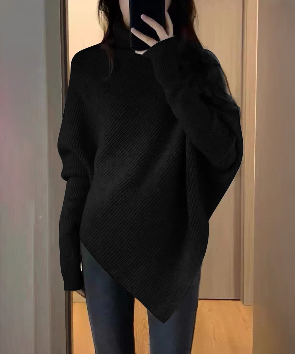 大人かわいい服 ハイネック不規則裾ニットセーター