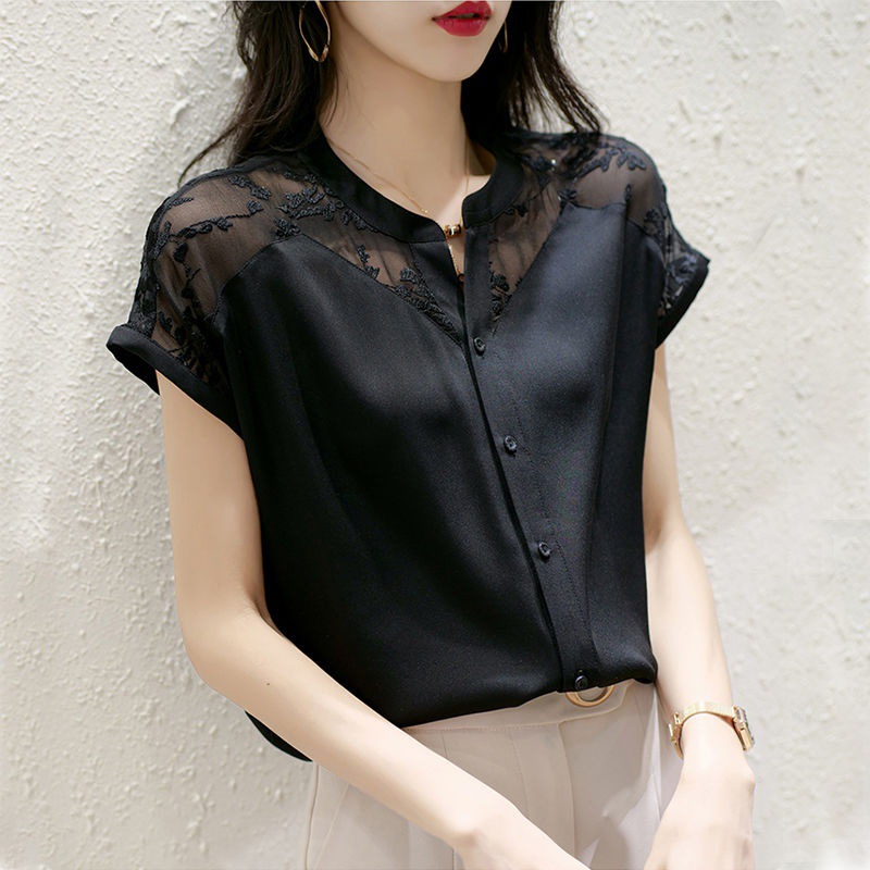 大人かわいい服 レース切替スタンドカラーブラウス