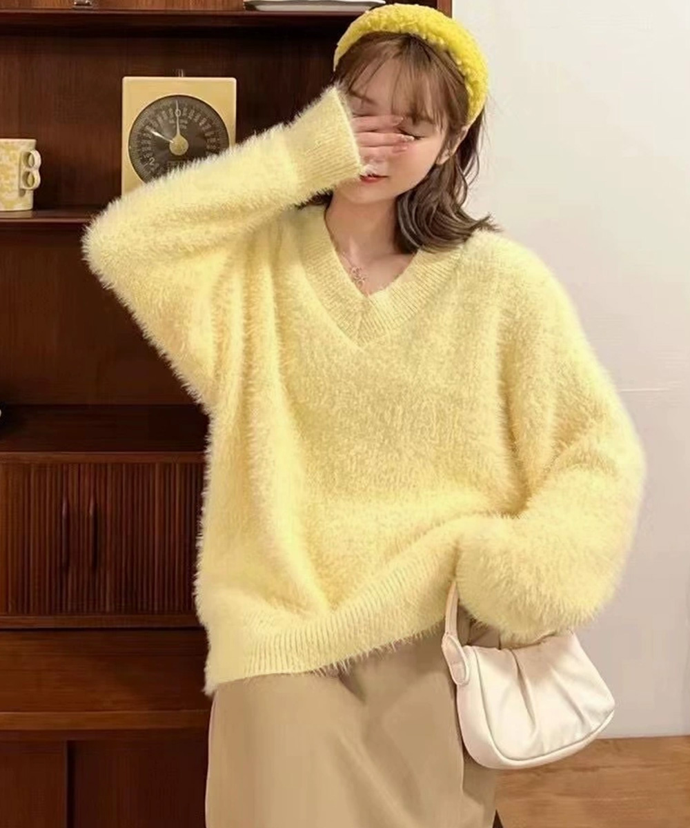 大人かわいい服 ふわふわシャギーニット長袖トップス秋冬