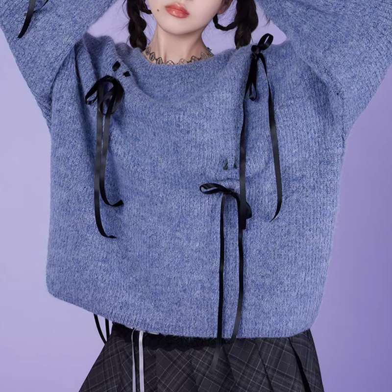 大人かわいい服 リボンデザイン ニットプルオーバー