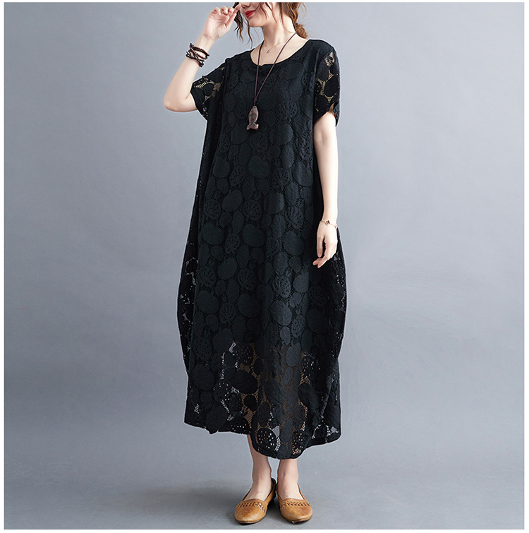 大人かわいい服 花模様レース透かしゆったりワンピース