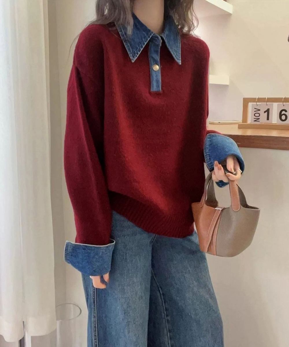 大人かわいい服 デニム切り替えレイヤード風ニットポロ