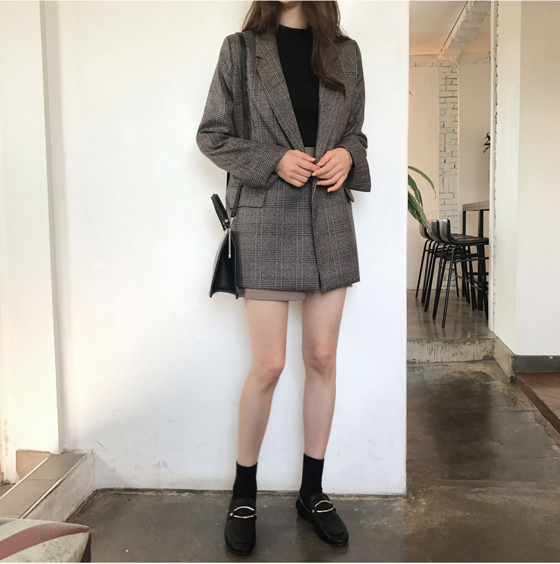 大人かわいい服 グレンチェック柄ダブルボタンロング丈テーラードジャケット