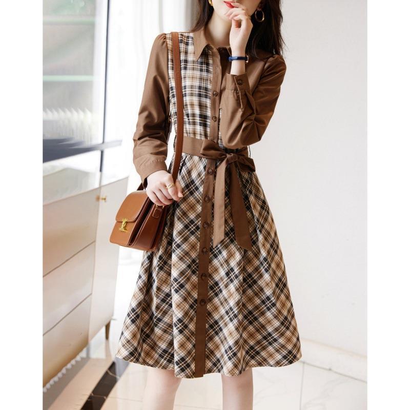 大人かわいい服 チェック柄切替シャツワンピース