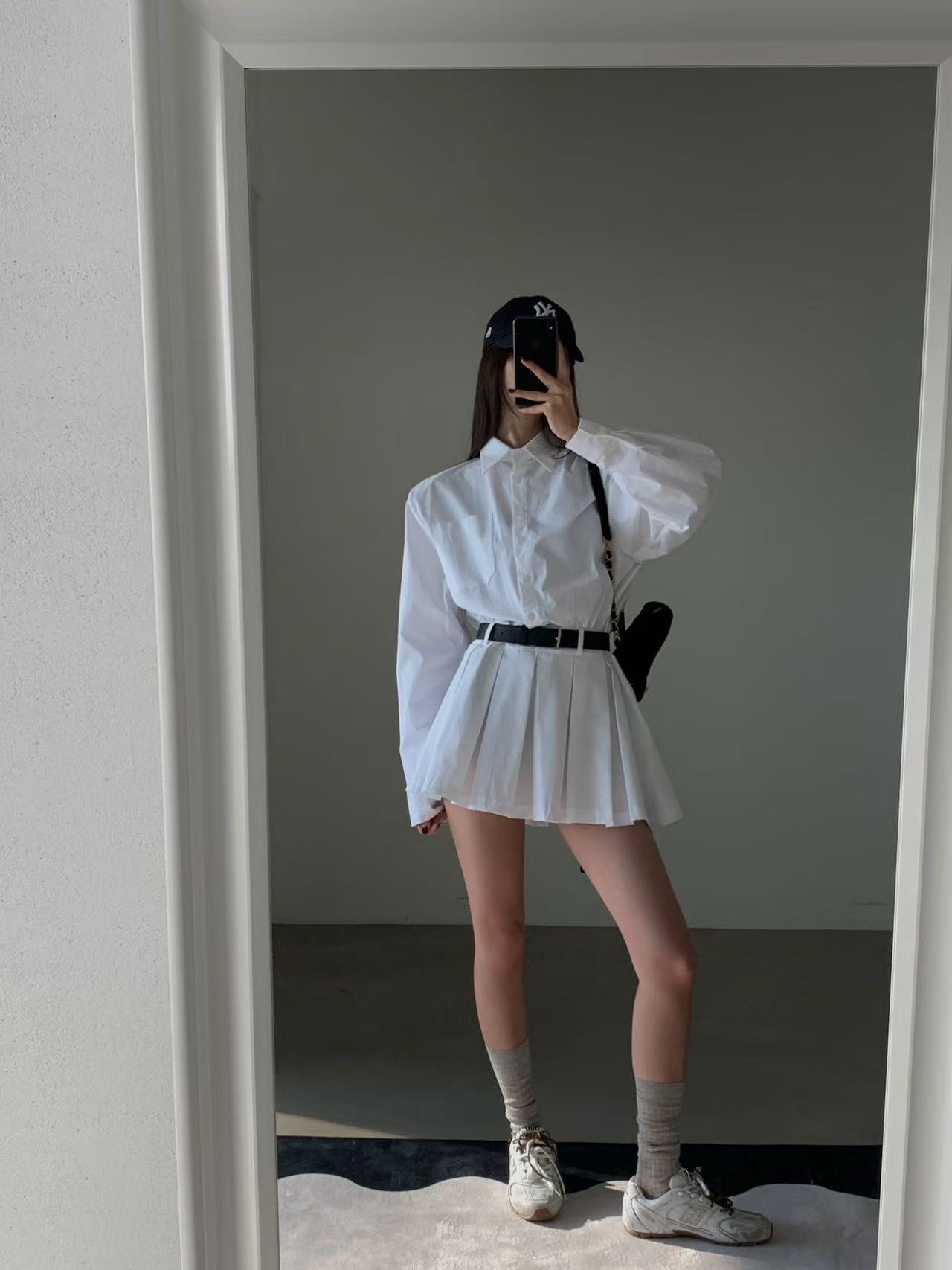 大人かわいい服 ストライプ柄シャツ襟ミニ丈ワンピース