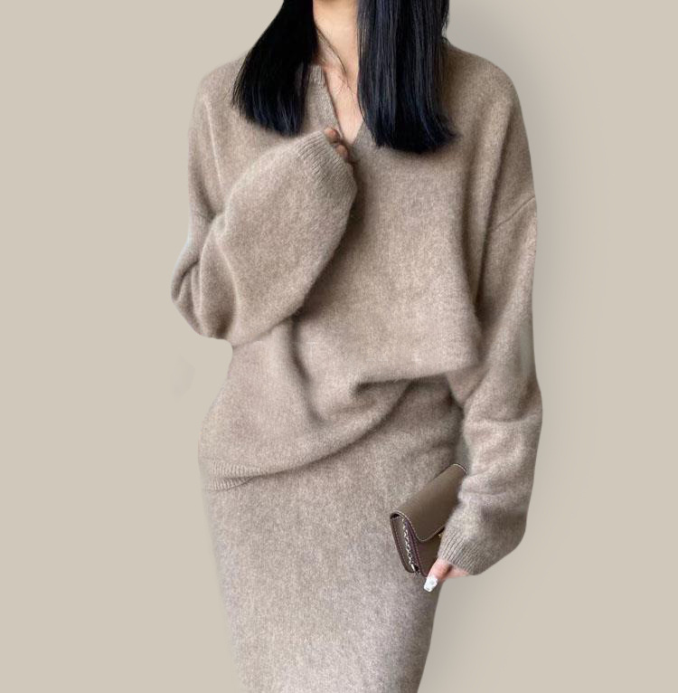 大人かわいい服 上品なブイネックニットセットアップ体型カバー長袖二点セット