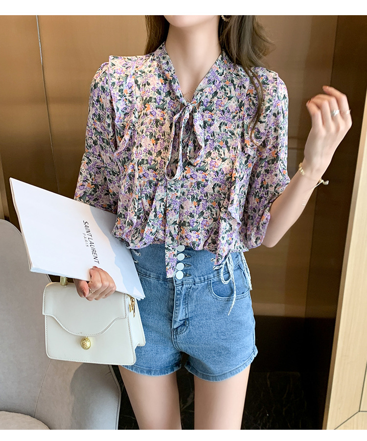 大人かわいい服 花柄リボンタイ七分袖ブラウス