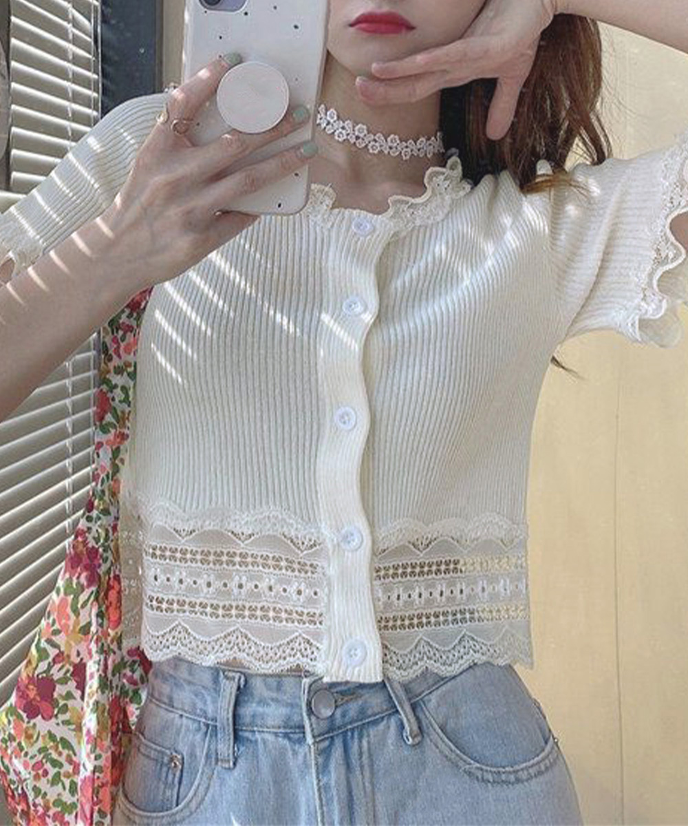 大人かわいい服 レース付きフリルショートカーディガン トップス