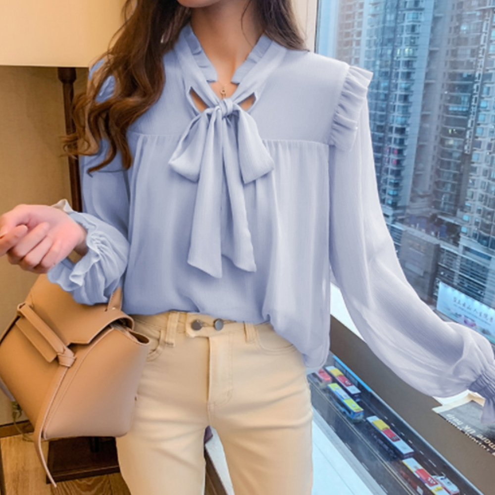 大人かわいい服 フリルリボン 春夏 シアートップス 長袖ブラウス